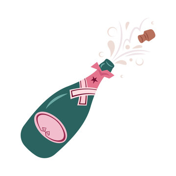 Champagne bottle exploding flat illustration