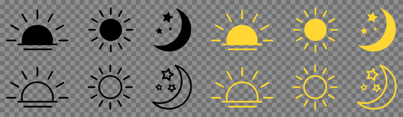 Time of the day icons. Sunset, sun, moon icons. Vector illustration isolated on transparent background - obrazy, fototapety, plakaty