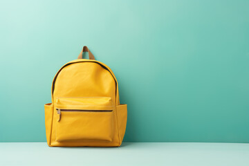 Yellow school backpack on pastel green background. Copy space. Back to school concept. Backpack with school supplies