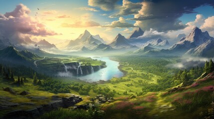 idyllic mountain valley with river and sunrise
