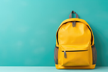 Yellow school backpack on pastel green background. Copy space. Back to school concept. Backpack with school supplies