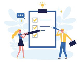 Fototapeta premium Poll flat illustration. Teamwork on performance. Business concept. Quality check and satisfaction report. Feedback from customers. Understanding customer responses. Collaboration, partnership.