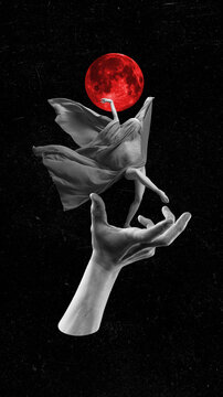 Revealing deep spirit. Tender woman in transparent cloth dancing under red full moon on black background. Contemporary art collage. Concept of surrealism, Halloween, imagination and fantasy. Flyer, ad
