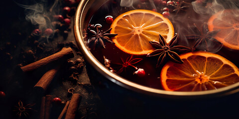 Spices and citrus slices in a mug of warming gluhwein for festive cheer. Gluhwein - Festive Mulled Wine Delight - 641227436