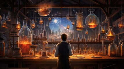 alchemist in lab with glowing potions and flasks - obrazy, fototapety, plakaty