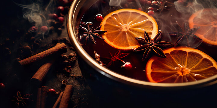 Spices and citrus slices in a mug of warming gluhwein for festive cheer. Gluhwein - Festive Mulled Wine Delight