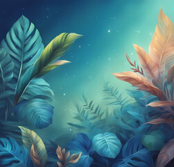 Fototapeta na wymiar Wallpaper with tropical leaves on a blue background. Generative AI.