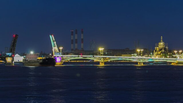 Embracing the White Nights: Timelapse of The Blagoveshchensky (Annunciation) Bridge Opened in St. Petersburg, Russia, Illuminating the Nighttime Cityscape