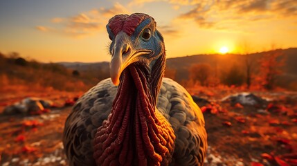 Closeup of a turkey against a sunset autumn background