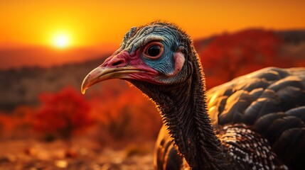 Closeup of a turkey against a sunset autumn background