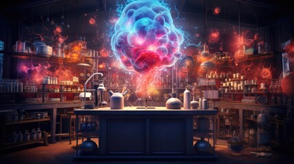 cosmic alchemist's laboratory with vibrant planetary potions - obrazy, fototapety, plakaty