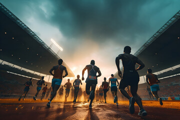 Athletes men running in a stadium during a sporting event