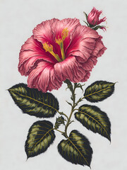 an illustration of a pink flower with green leaves