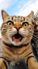 Obraz premium wefie cats with smile and happy face, cute fluffy, hyper realistic, beautiful dreammy light, bright eyes, super cute face, funny face, fish eye lens.