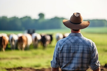 Dedicated Rancher Tending to Cows and Calves in Open Pasture