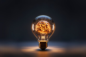 Idea lightbulb with human brain on dark background