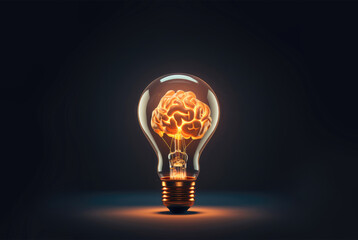 Idea lightbulb with human brain on dark background