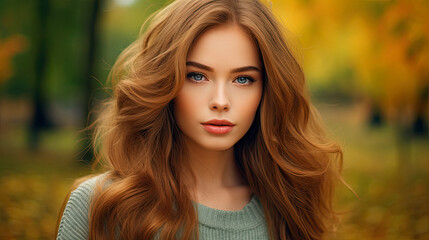 Naklejka premium smiling woman model front view facing the camera . scene in autumn park
