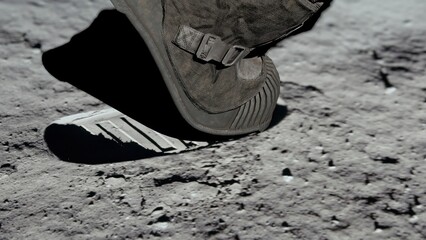 3D rendering. Lunar astronaut walking on the moon's surface and leaves a footprint in the lunar soil. 3d rendering.