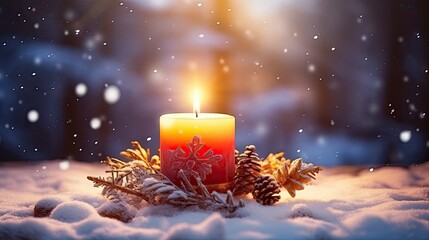 glowing candle in snow