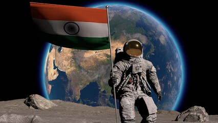 Lunar astronaut walks on the moon with Indian flag, sticks it into the lunar surface, and salutes. 3d rendering.