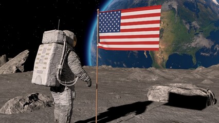 Lunar astronaut walks on the moon with American flag and salutes. 3d rendering.