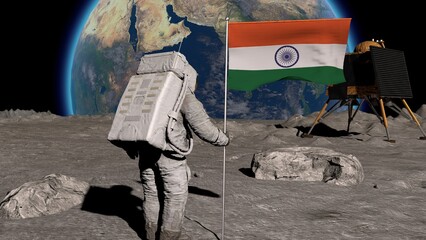 Lunar astronaut walks on the moon with Indian flag and salutes. A spacecraft similar to Chandrayan 3 is visible. 3d rendering.