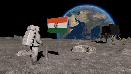 Lunar astronaut walks on the moon with Indian flag and salutes. A spacecraft similar to Chandrayan 3 is visible. 3d rendering.