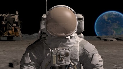 Portrait of man astronaut on Moon wearing helmet looking at earth globe in outer space closeup. Sci-fi expedition, planet discovery and exploration by brave human, spacewalk. 3d rendering.