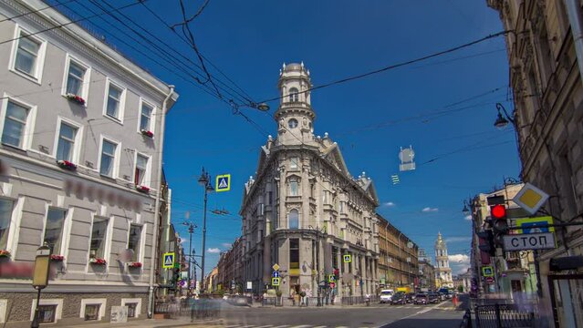 Symbolic Crossroads: Five Corners Timelapse Hyperlapse in St. Petersburg, Russia. Highlighting a Tenement House with a Distinctive Turret, Set amidst Urban Traffic
