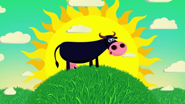 Cartoon black cow character pasture on grass mountain in sunny day. Seamless cute character speckled  animal with sky sun and clouds. Funny moves creature useful animation.