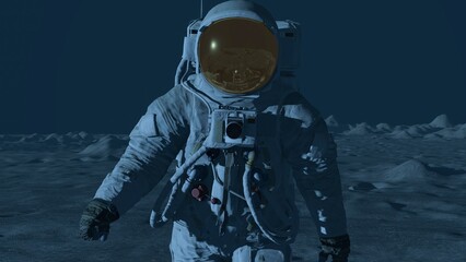 Lunar Astronaut In Space Suit Walking On the Moon. 3d rendering.