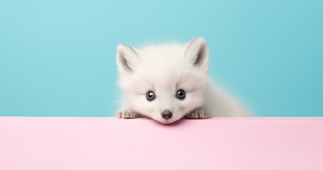 Creative animal concept. Artic Fox peeking over pastel bright background. advertisement, banner, card. copy text space. birthday party invite invitation