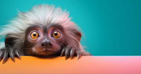 Creative animal concept. Bearded Tamarin Monkey peeking over pastel bright background. advertisement, banner, card. copy text space. birthday party invite invitation