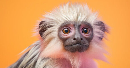 Obraz premium Creative animal concept. Bearded Tamarin Monkey peeking over pastel bright background. advertisement, banner, card. copy text space. birthday party invite invitation