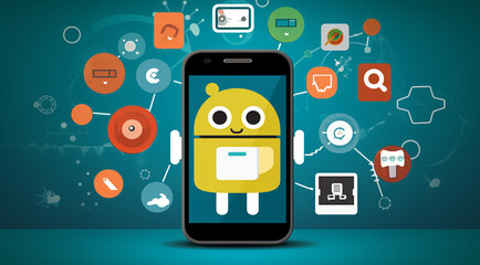 Vector illustration of artificial intelligence concept. Smartphone with cartoon robot character. generativa IA