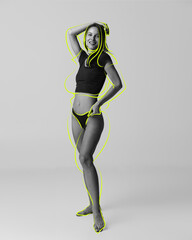 Full-length of slim young woman in underwear. Getting in health beautiful shape. Doodles over body....