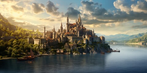 medieval fantasy city built over hills, view of the river and mountains