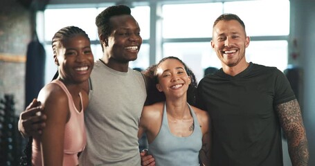 Gym class, happy people and friends laughing at exercise humour, fitness joke or community teamwork. Club unity, coaching team and diversity portrait of funny trainer, athlete or group solidarity