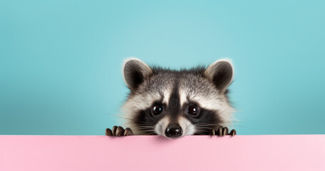 Creative animal concept. Raccoon peeking over pastel bright background. advertisement, banner, card. copy text space. birthday party invite invitation