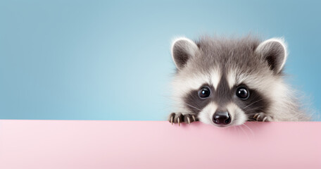 Obraz premium Creative animal concept. Raccoon peeking over pastel bright background. advertisement, banner, card. copy text space. birthday party invite invitation