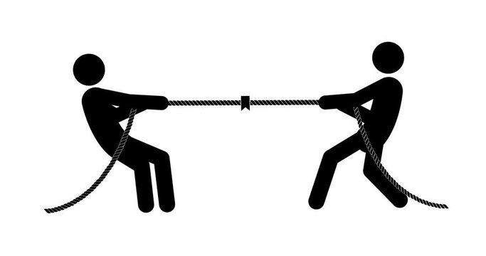 Set of stick figures tug on war on a white background, flat 4K animation.
