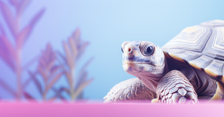 Obraz premium Creative animal concept.Turtle peeking over pastel bright background. advertisement, banner, card. copy text space. birthday party invite invitation