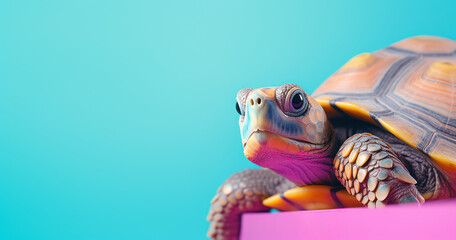 Creative animal concept.Turtle peeking over pastel bright background. advertisement, banner, card. copy text space. birthday party invite invitation