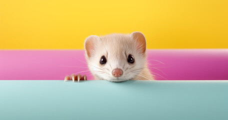 Creative animal concept. Weasel peeking over pastel bright background. advertisement, banner, card. copy text space. birthday party invite invitation