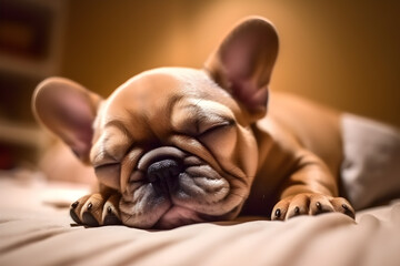 puppy sleeps sweetly in the master's bed.