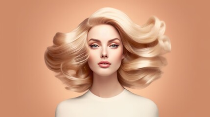 Woman Portrait with healthy blonde Hair. Glossy bright retro blow out Hair. Ideal for the hairdresser, shampoo advertising for fashion magazine