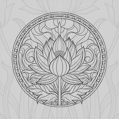 Elegant lotus flower bud and leaf in circle.The round design is made for oriental motif ornament.