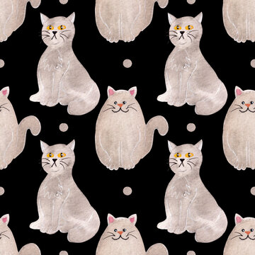 Watercolor pattern with grey cats and dots on a black background. For various products, animals products, wrapping etc.