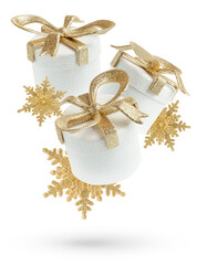 Flying Christmas composition of white gift boxes isolated